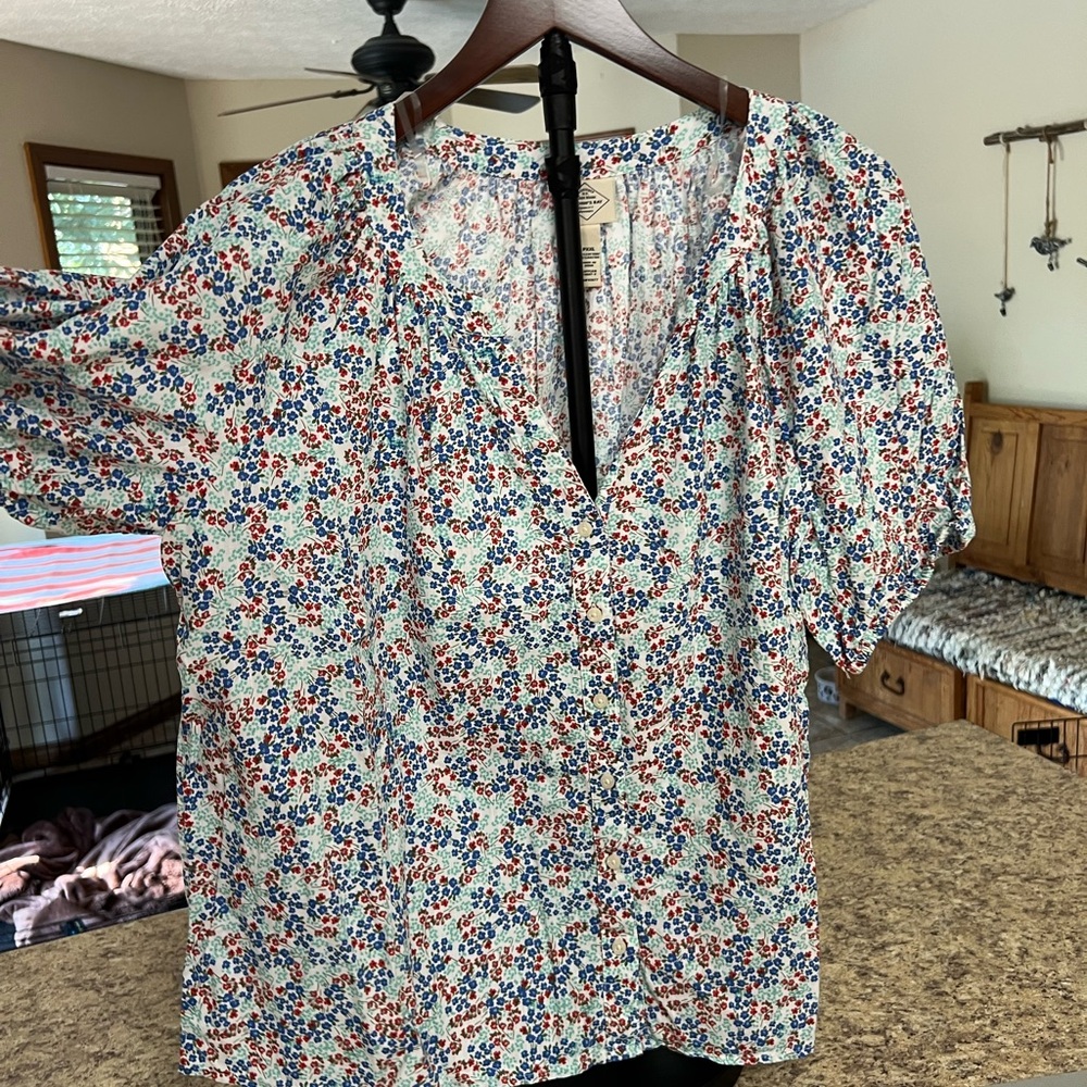 St John’s Bay Floral V-Neck Short Sleeve Women's Top - Blue & Red PXXL